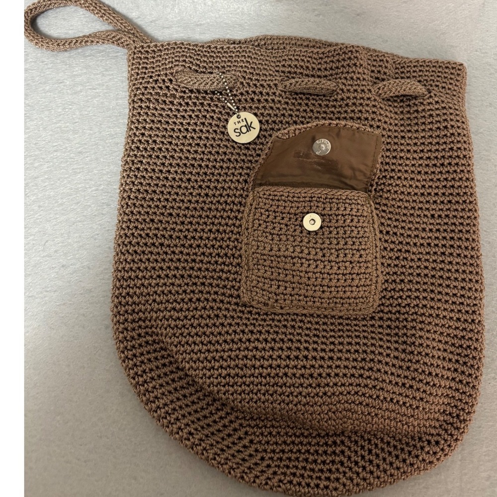 The Sak Crochet Backpack Brown Hand Made Drawstring Boho Shoulder Bag Small
